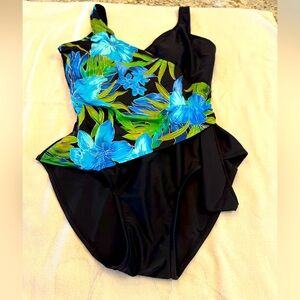 Blue and Black One Piece Swimsuit Asymmetrical Design